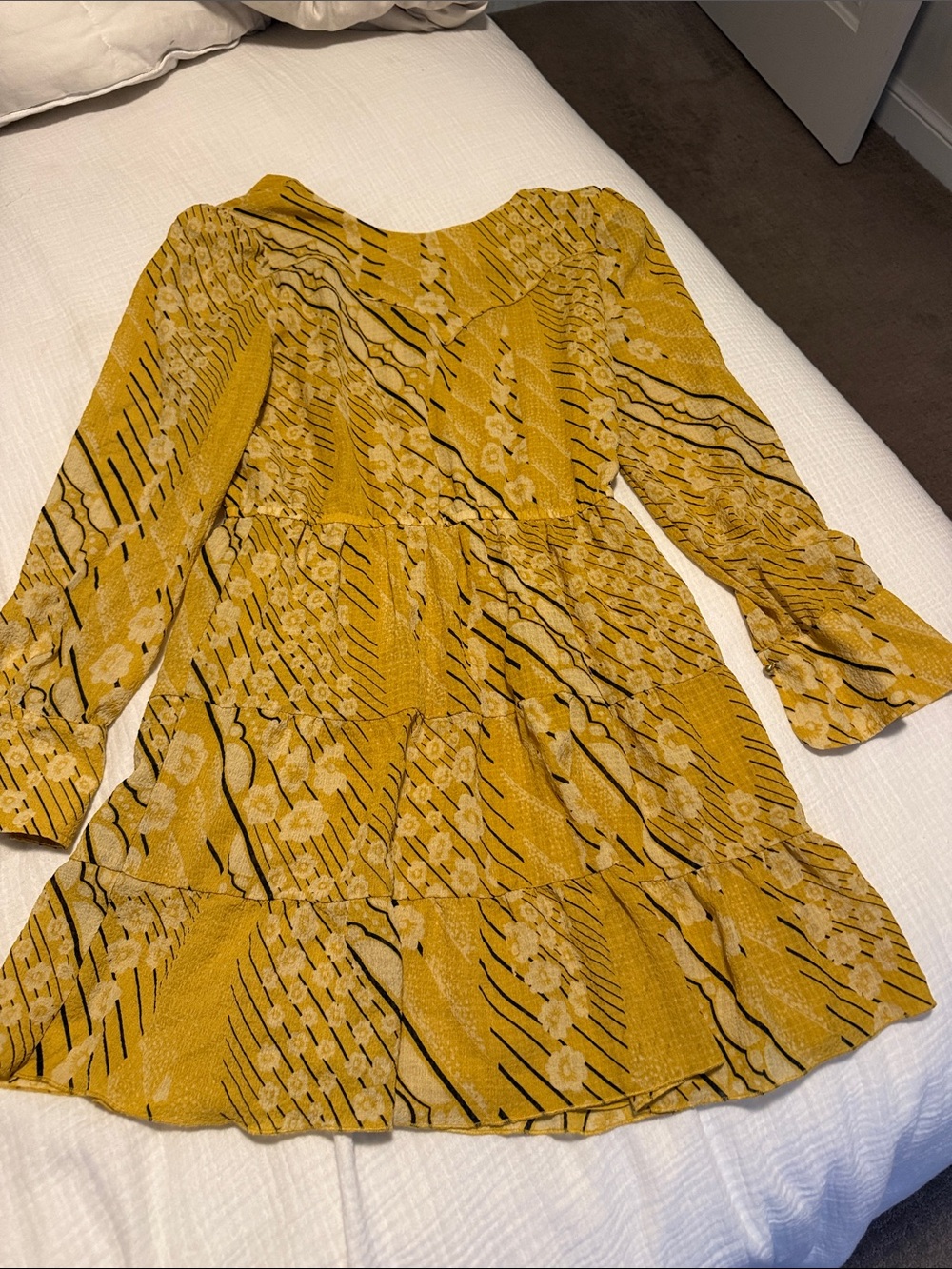 ba&sh Mustard Yellow Floral Tiered Long-Sleeve Dress
